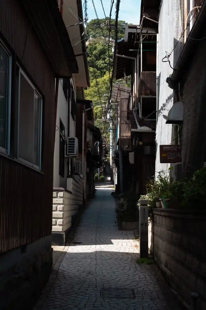A narrow, sun-dappled alleyway in Japan lined with traditional buildings, overhead wires, and potted plants, featuring a…
