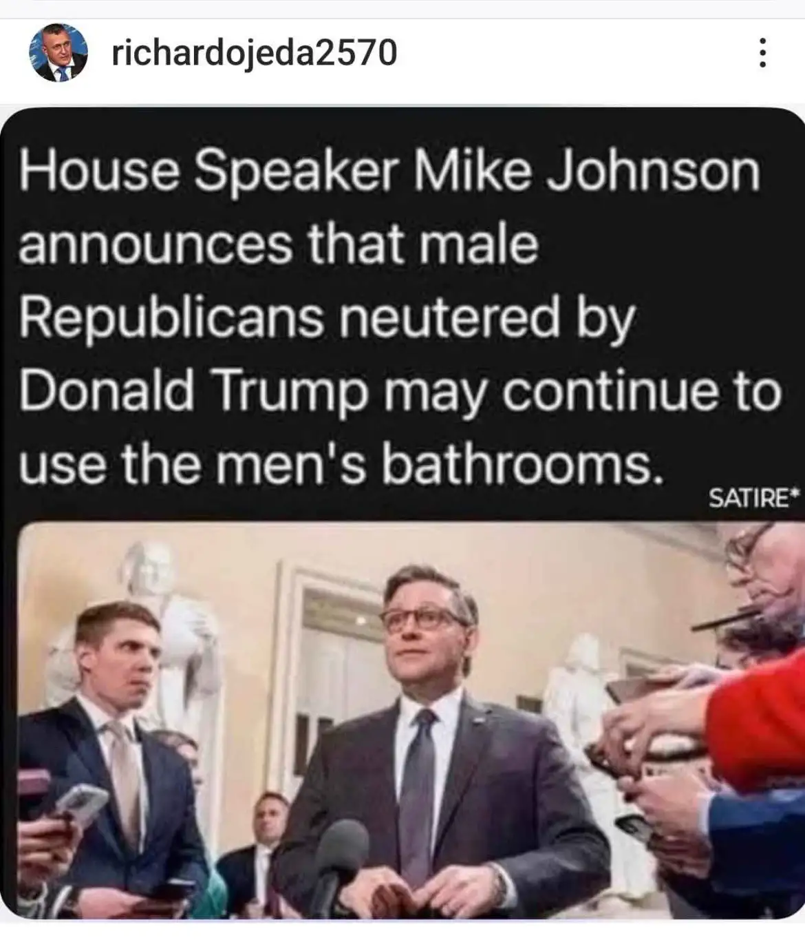 The image shows House Speaker Mike Johnson at a press conference, surrounded by reporters and microphones. Overlaid white…