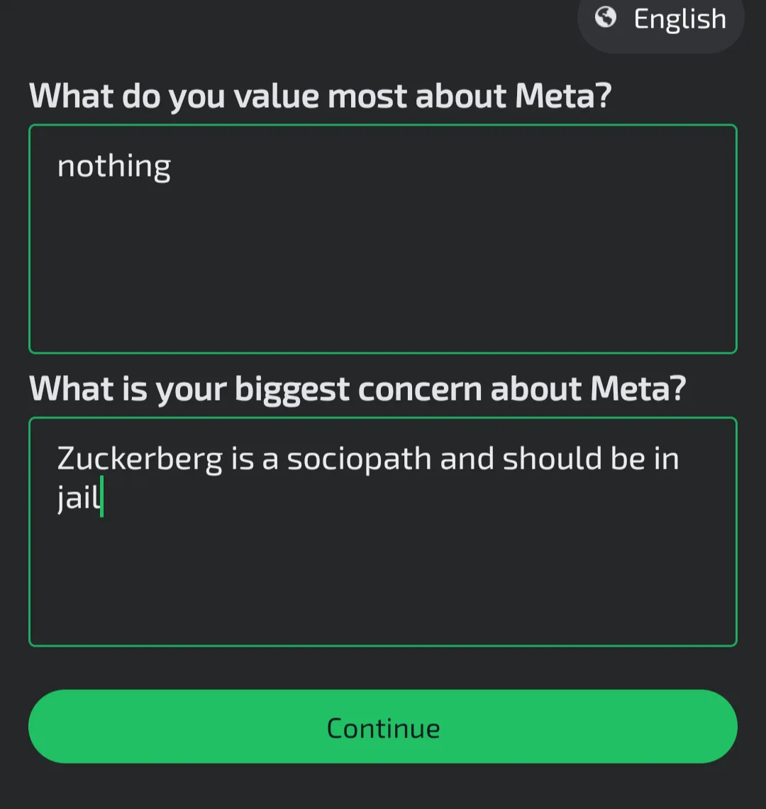 A screenshot of a dark-themed survey interface with two text fields. The first field, labeled 'What do you value most about…