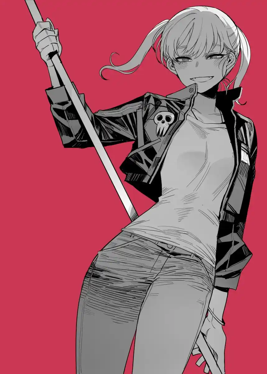 An anime-style illustration shows a young woman with silver hair in pigtails, wearing a black jacket with a skull patch…