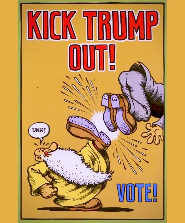 A vintage-style political poster shows a cartoon dwarf with a long white beard being kicked in the face by a giant boot. The…