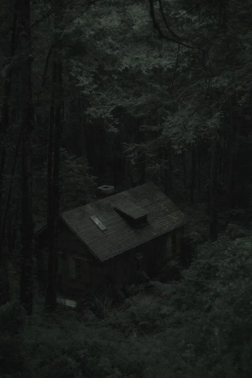 A dark, desaturated photo shows a small, isolated wooden cabin nestled deep within a dense, shadowy forest. The image has a…