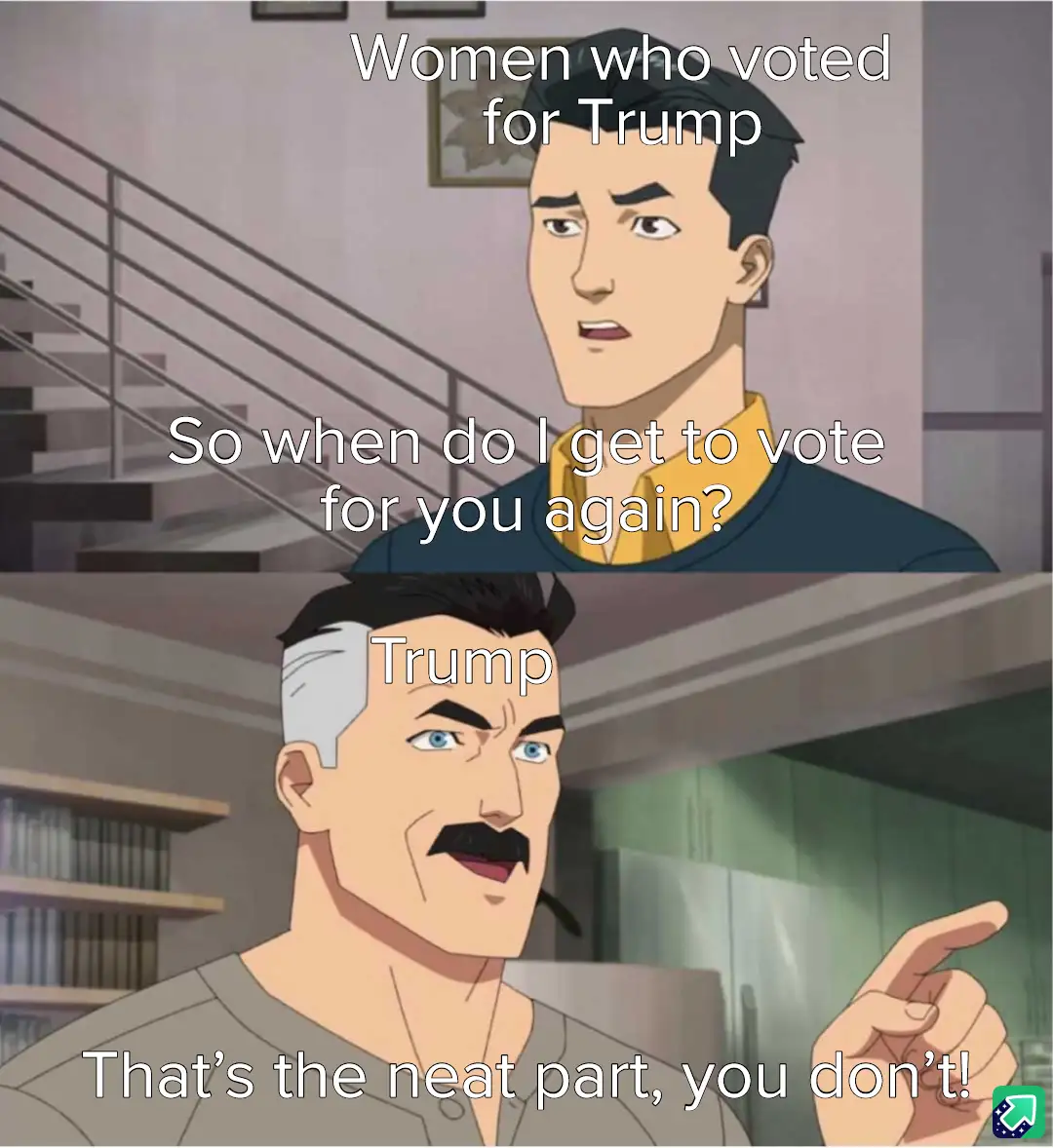 The meme features two panels from an animated show. The top panel shows a man labeled 'Women who voted for Trump' asking 'So…