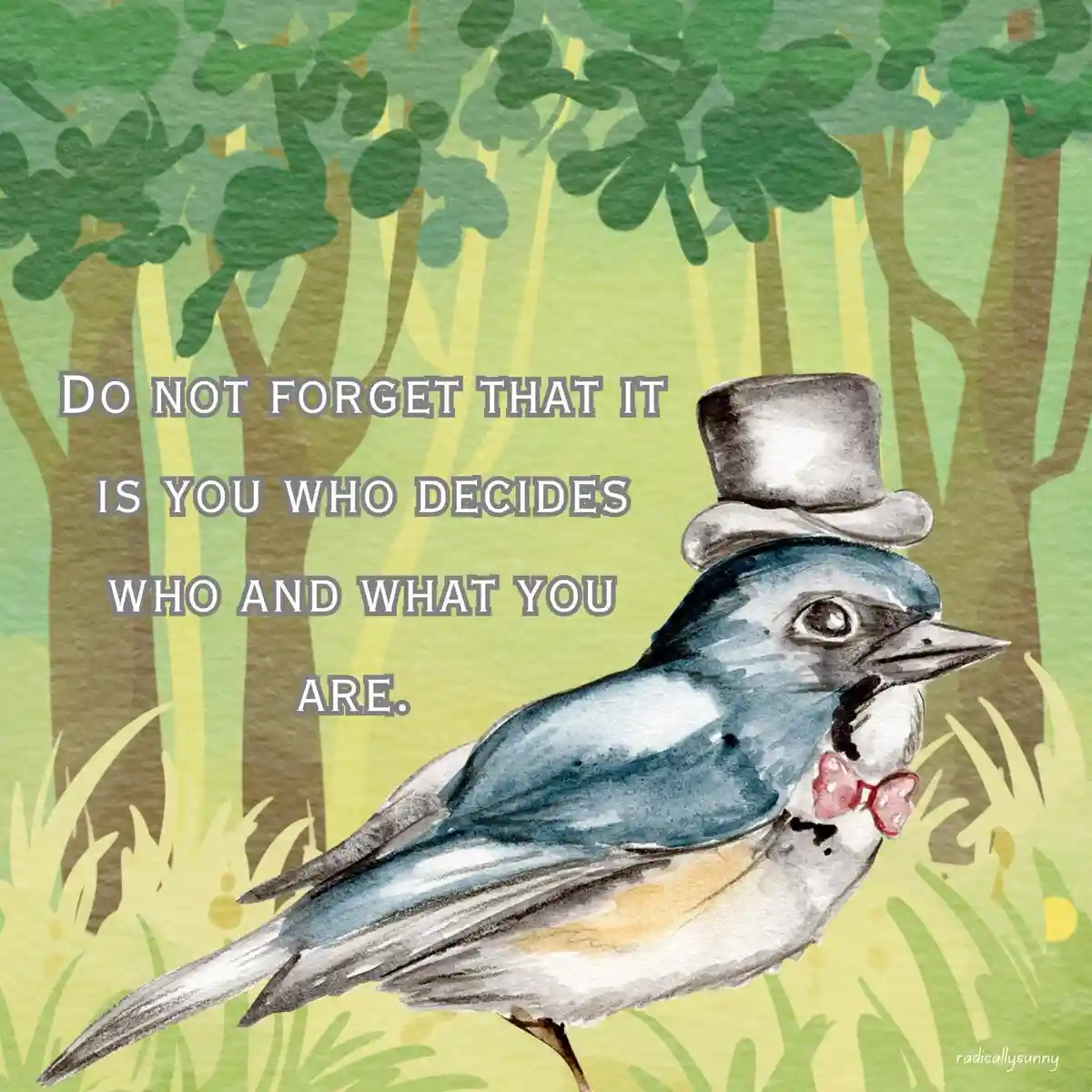 A watercolor illustration of a blue bird wearing a top hat and a pink bow tie, standing in a stylized forest with green…