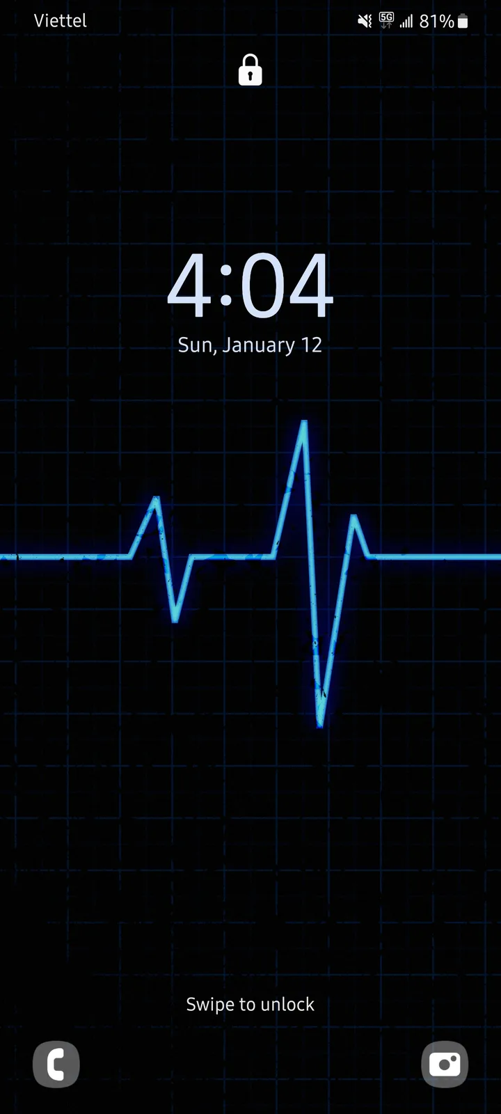 A phone lock screen displays a blue EKG line on a grid background, with the time 4:04 and date Sun, January 12. The EKG line…