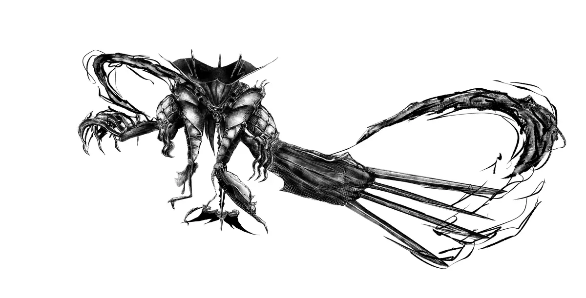 A black-and-white sketch depicts a monstrous, insectoid creature with multiple limbs and a long, segmented tail ending in a…