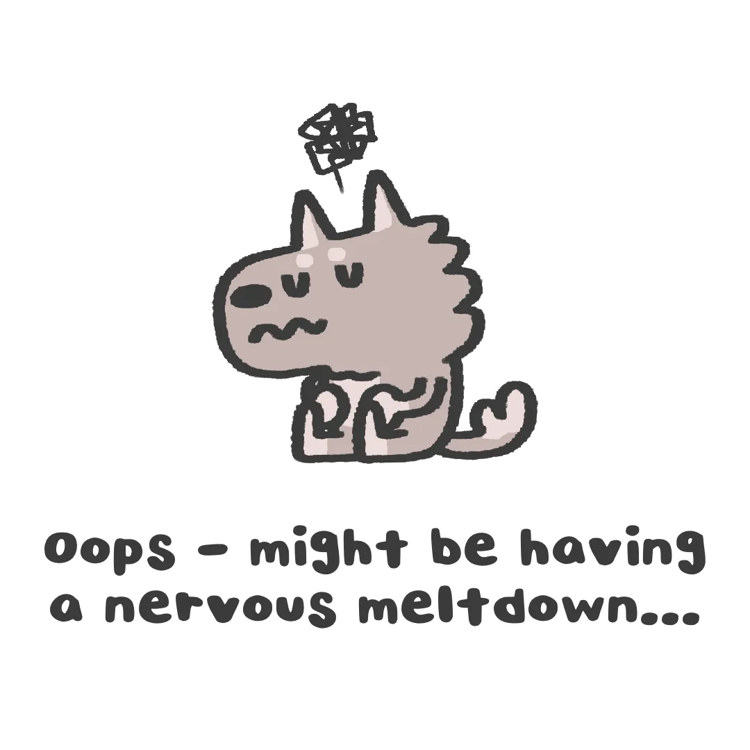 A cartoon drawing of a gray, shaggy dog with a distressed expression, sitting down with scribbles above its head indicating…