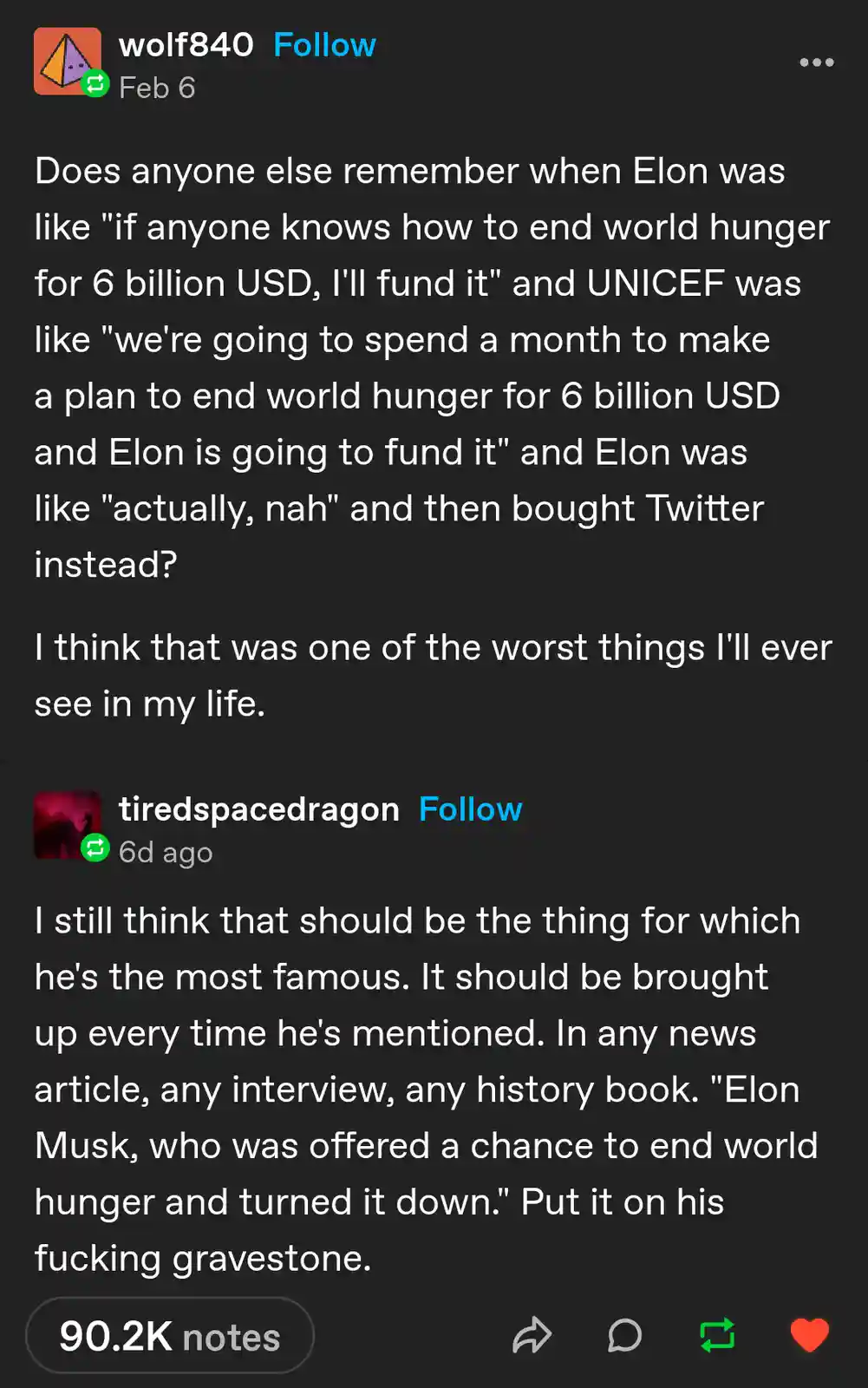 A screenshot of a Twitter thread where the first user recounts Elon Musk offering to fund a plan to end world hunger for 6…