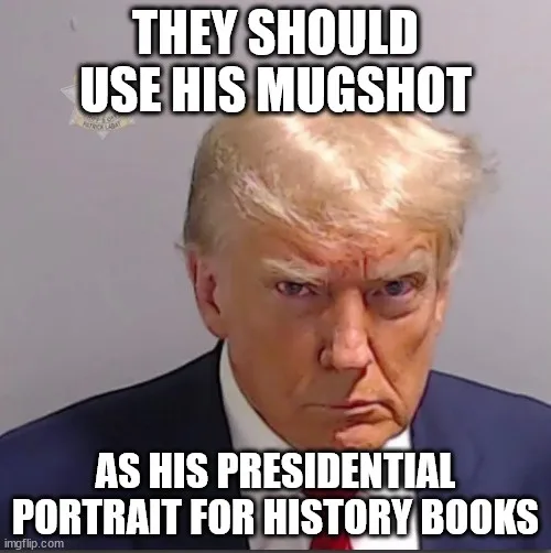 A mugshot-style photograph of Donald Trump with a stern, angry expression, overlaid with bold white text reading 'THEY…
