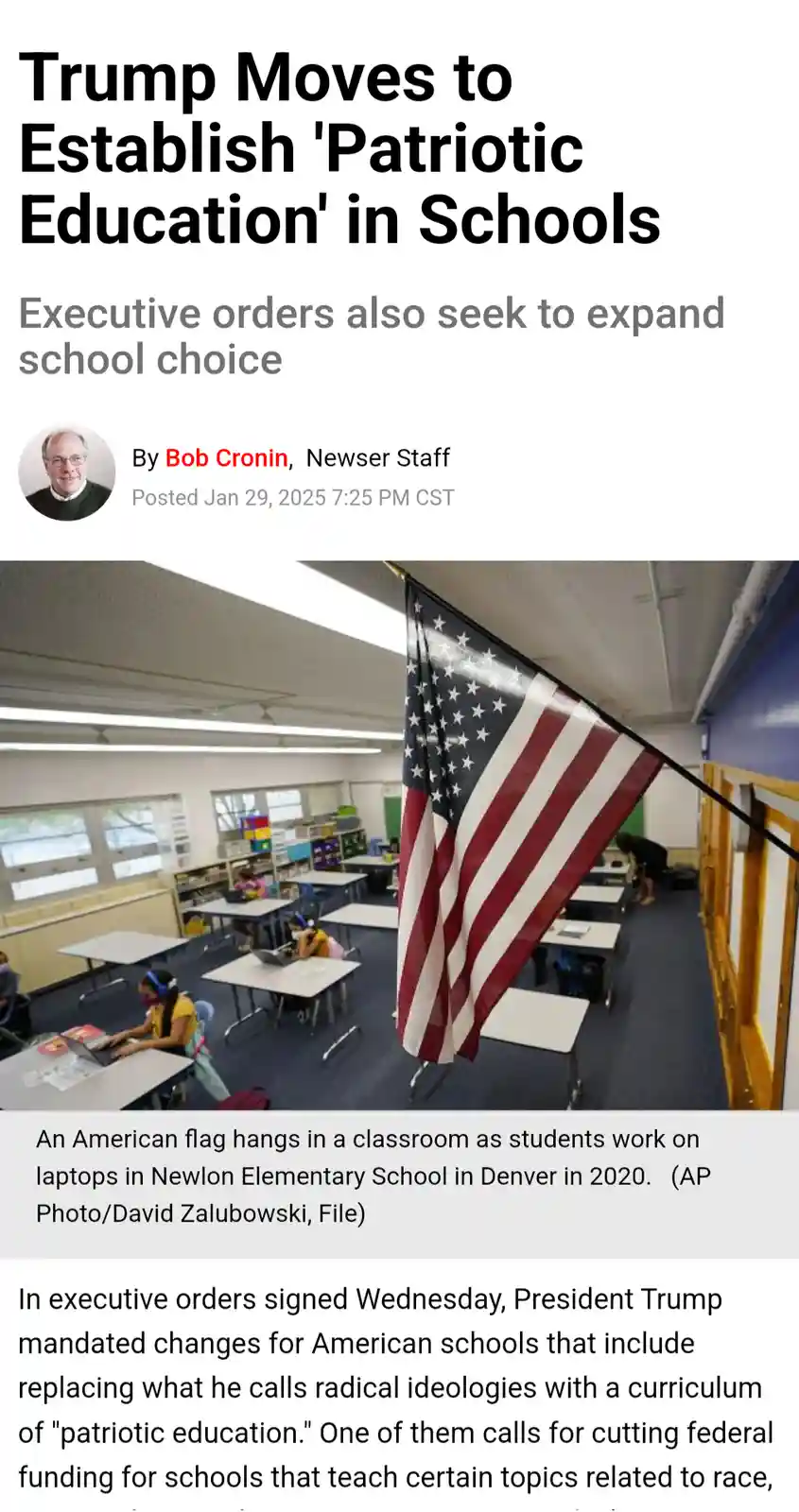 A news article screenshot shows a classroom with students at desks and an American flag hanging prominently. The headline…