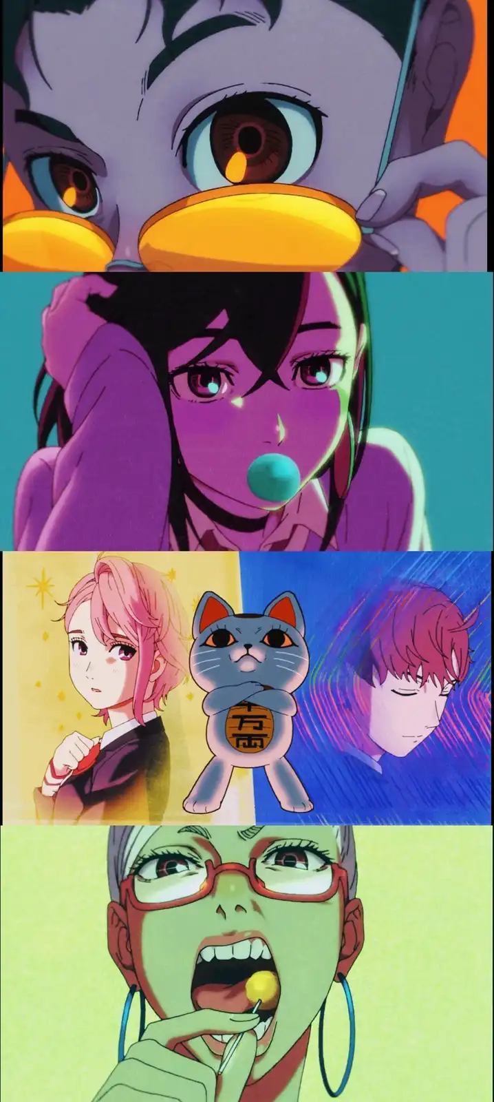 A four-panel anime collage shows a duck-like character with a lit candle in its beak, a girl blowing a bubblegum bubble, a…