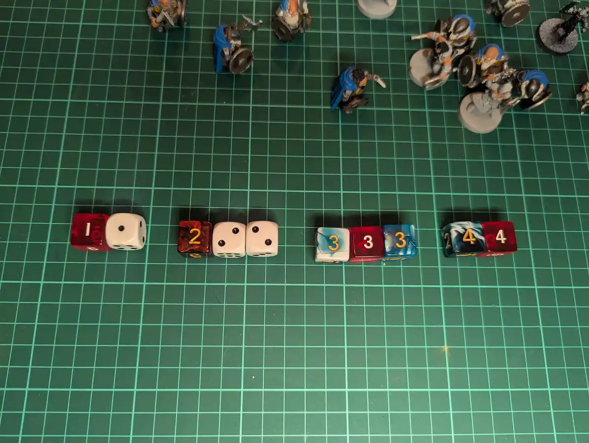 An overhead shot of a green gridded gaming mat with miniature fantasy figures arranged in combat formations. In the…
