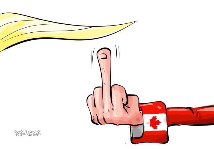 a cartoon hand with a canadian flag wristband giving the middle finger gesture toward a yellow ponytail. the image is…