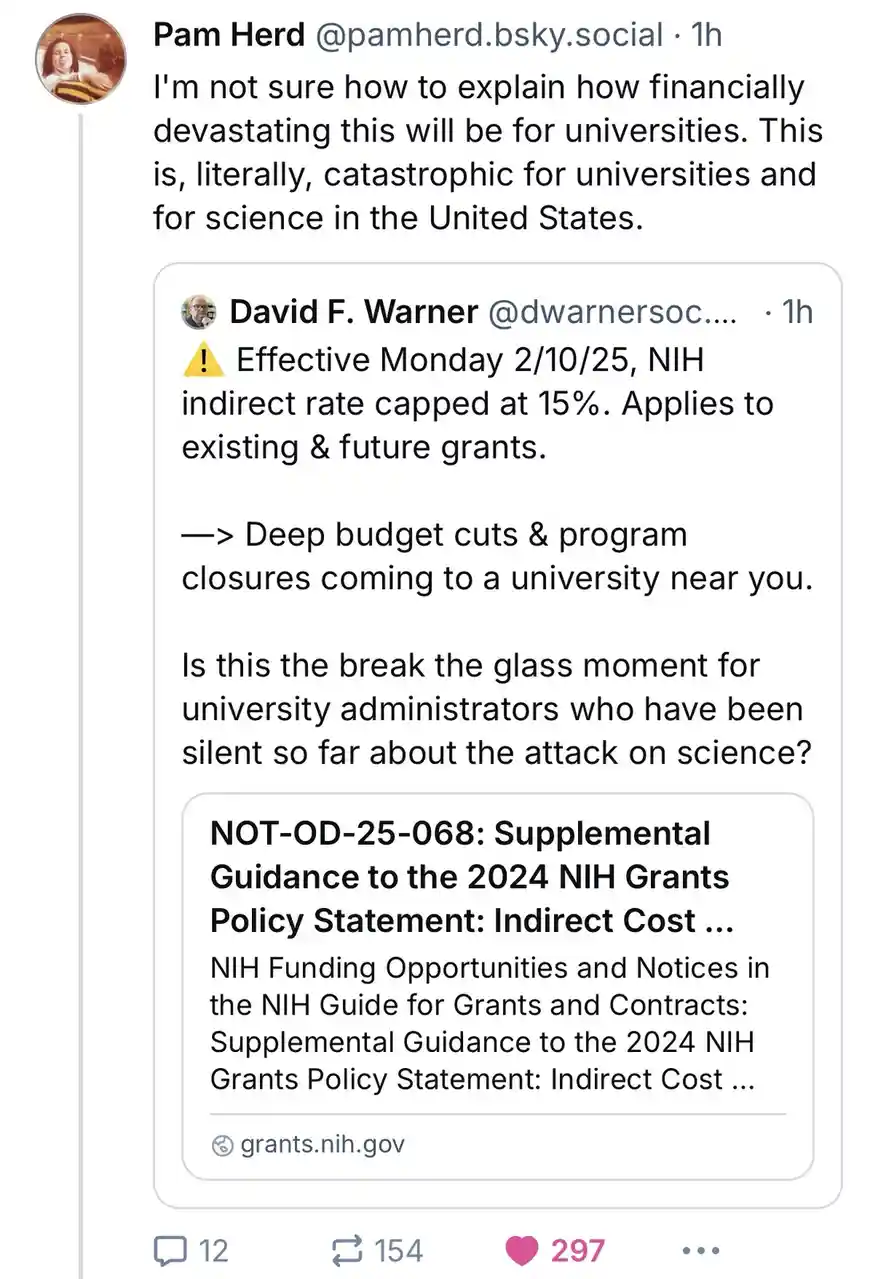 A screenshot of a social media thread where user David F. Warner posts about the NIH capping indirect rates at 15% starting…