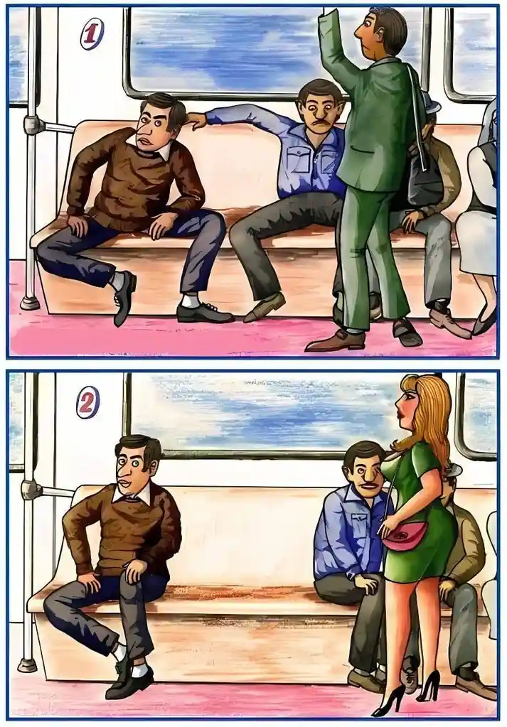 Two-panel cartoon showing a man in a brown sweater on a subway. In the first panel, he looks annoyed as a man in a green…