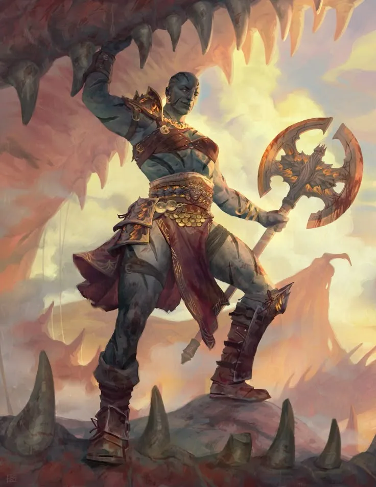 A muscular, blue-skinned warrior in ornate armor stands defiantly on a rocky outcrop, holding a large battle axe. Above him…
