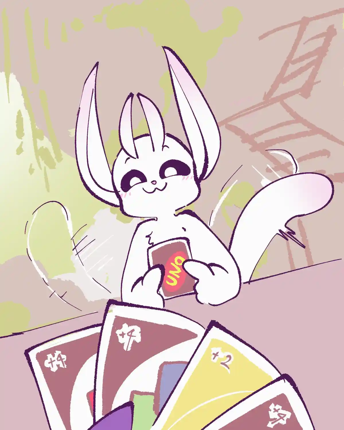 A cute, white, rabbit-like cartoon character with long ears and a fluffy tail is sitting at a table, holding up a red UNO…