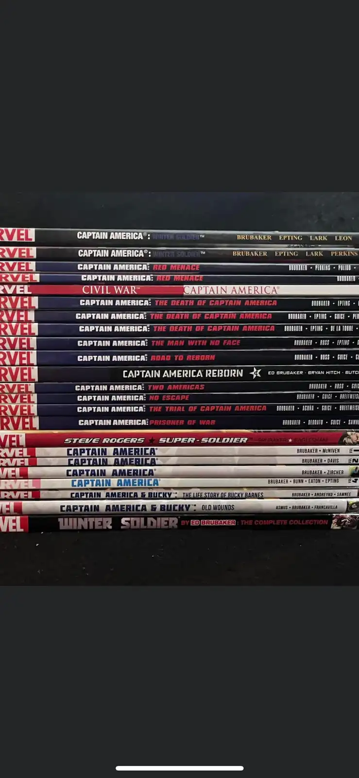 A tall stack of Marvel comic books, all featuring Captain America titles, with 'Captain America: Winter Soldier' visible on…