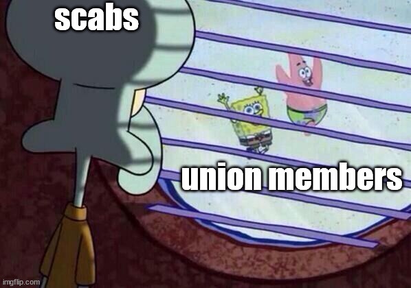 A meme image from the animated show SpongeBob SquarePants shows Squidward looking down at SpongeBob and Patrick through…