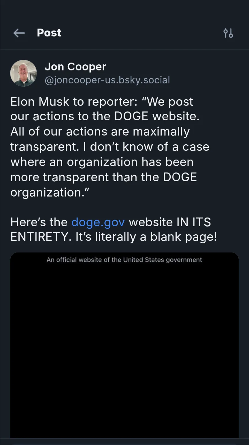 A screenshot of a social media post by Jon Cooper showing a quote attributed to Elon Musk praising the transparency of the…