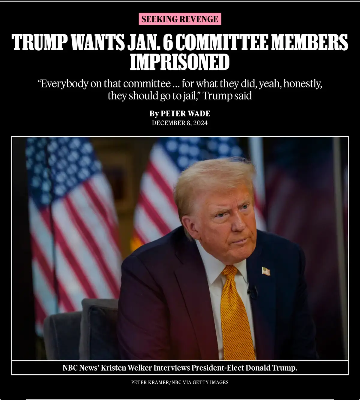 The image displays a mock newspaper headline with a photo of Donald Trump seated in front of American flags. The headline…