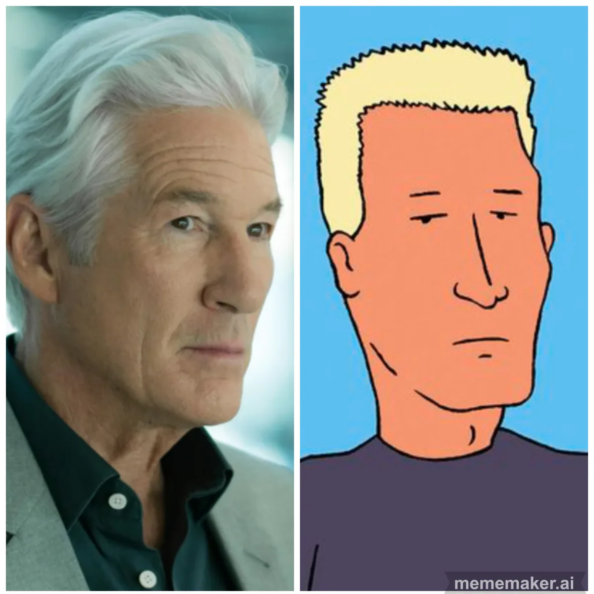 The image displays a side-by-side comparison: on the left, a photo of actor Richard Gere with white hair and a serious…