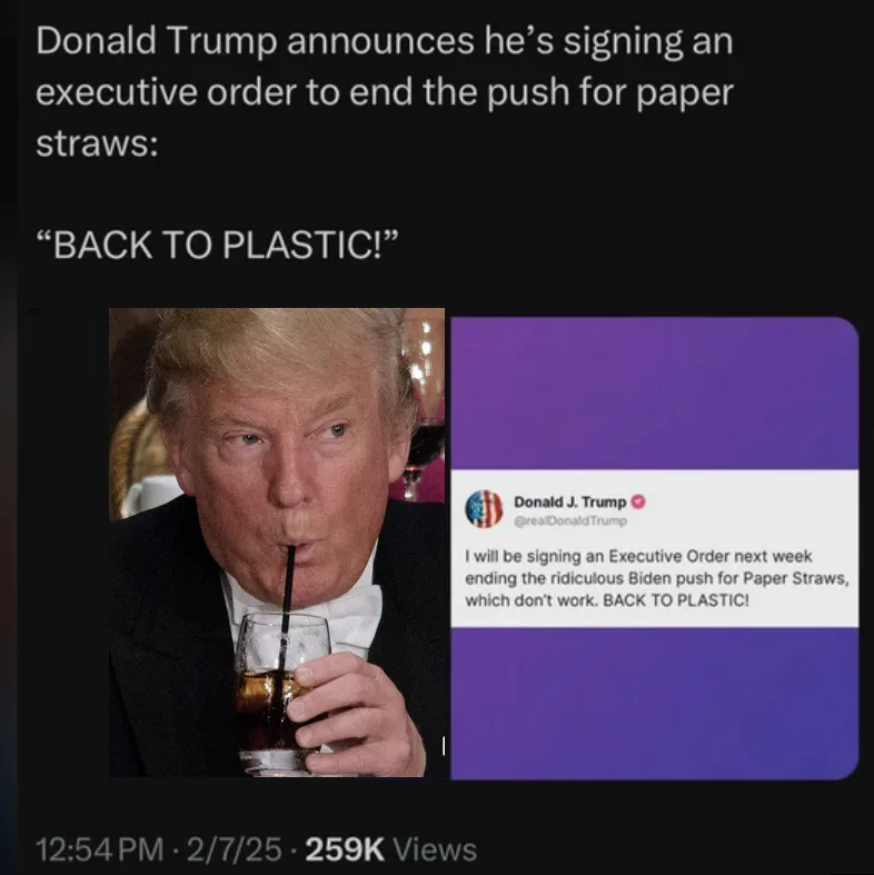 The image shows Donald Trump sipping a drink through a black straw, with a screenshot of a tweet from his account on the…