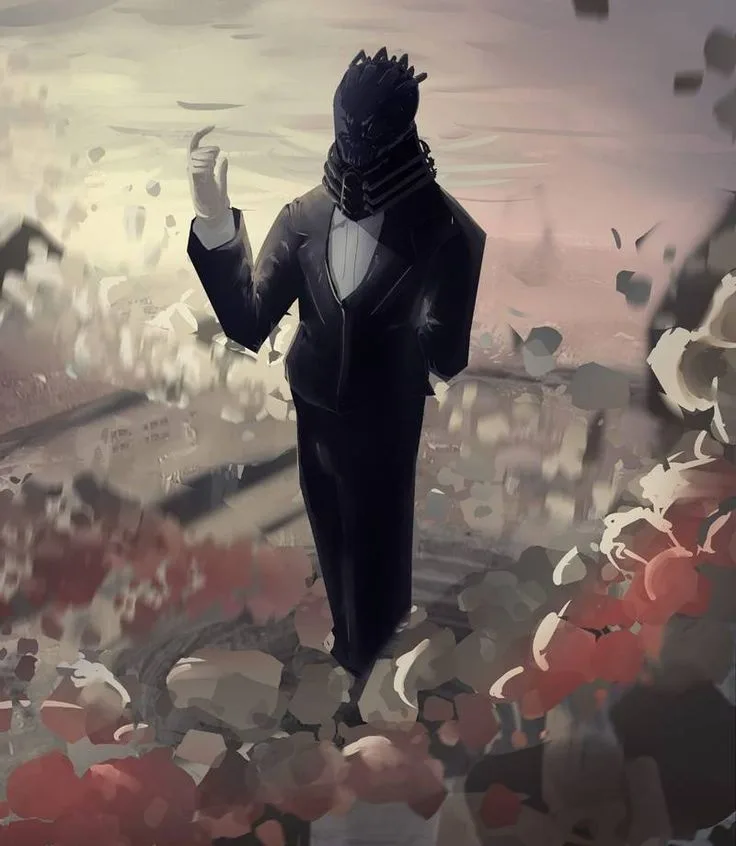 An anime-style character in a black suit and a distinctive black mask with spiky protrusions stands amidst a shattered…