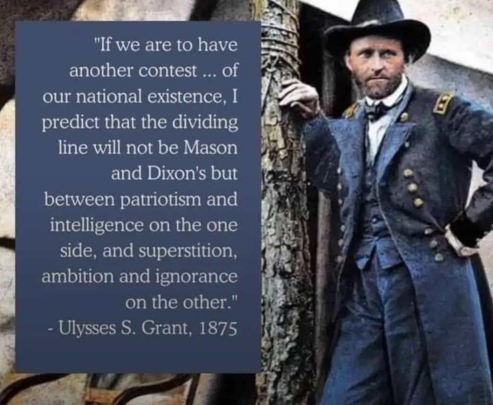 A historical photograph of Ulysses S. Grant in a Union Army uniform, standing beside a tree, with a dark blue text box…