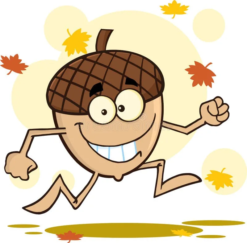 A cartoon acorn with arms and legs is running joyfully through falling autumn leaves, smiling broadly with clenched fists…