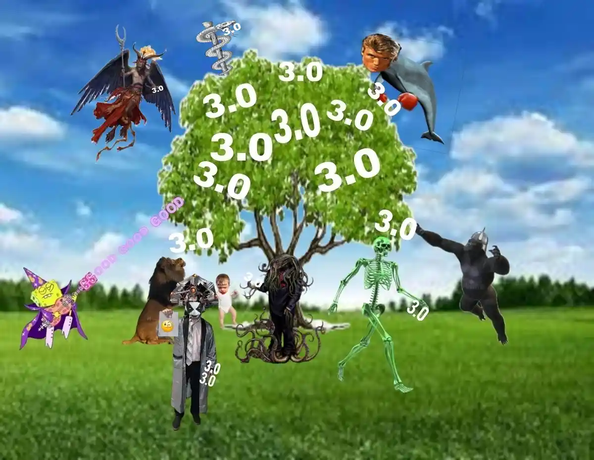 A surreal image shows a large green tree in a grassy field under a blue sky, surrounded by various floating characters…