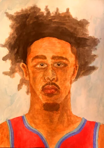 A watercolor portrait of a young man with curly hair and a goatee, wearing a red and blue basketball jersey, with the text…