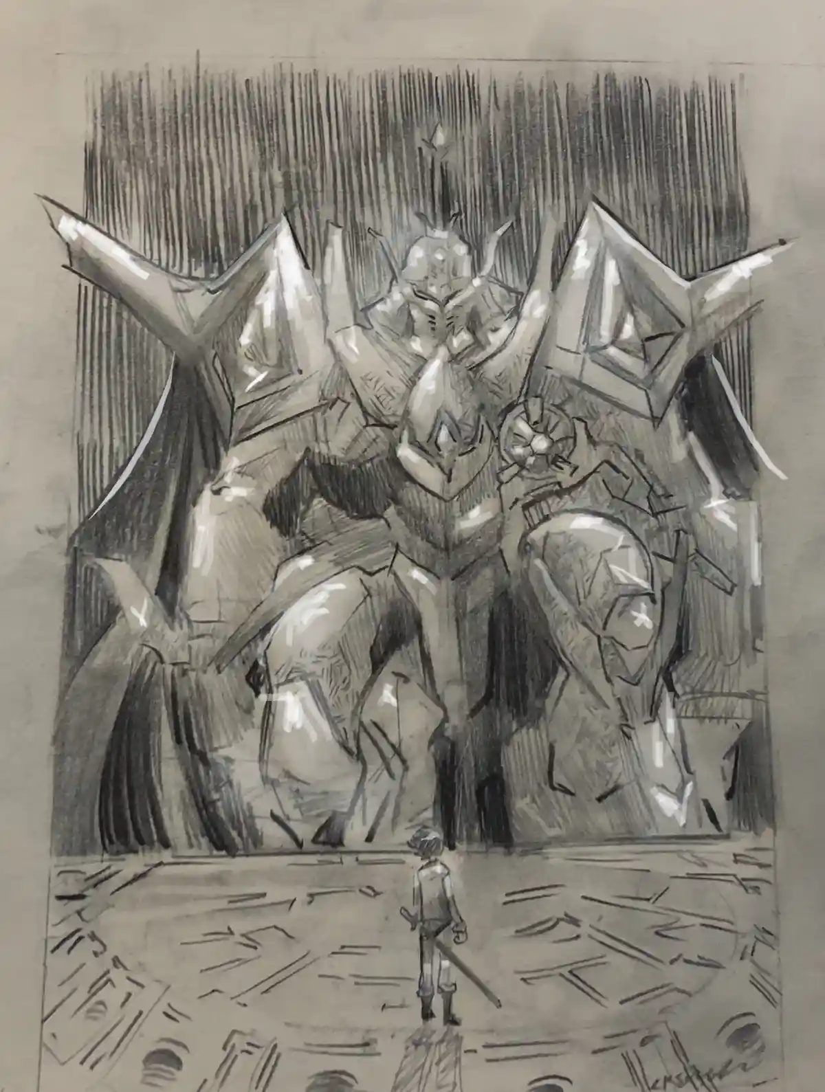 A black-and-white sketch depicts a tiny, lone figure with a sword facing a colossal, menacing, armored boss monster with…