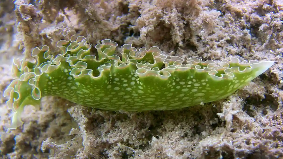 A close-up underwater photo shows a bright green sea slug with ruffled, leaf-like edges and white spots, resting on a sandy…