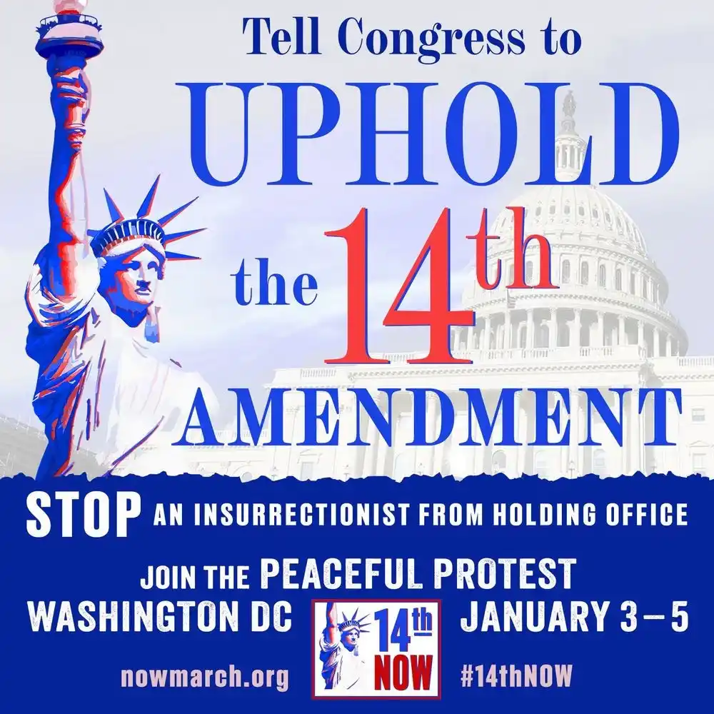An advocacy poster features the Statue of Liberty on the left and the U.S. Capitol building in the background. Large blue…