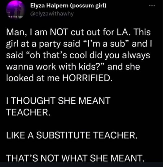 A black-background social media post screenshot with white text. The text is a humorous anecdote where the narrator…