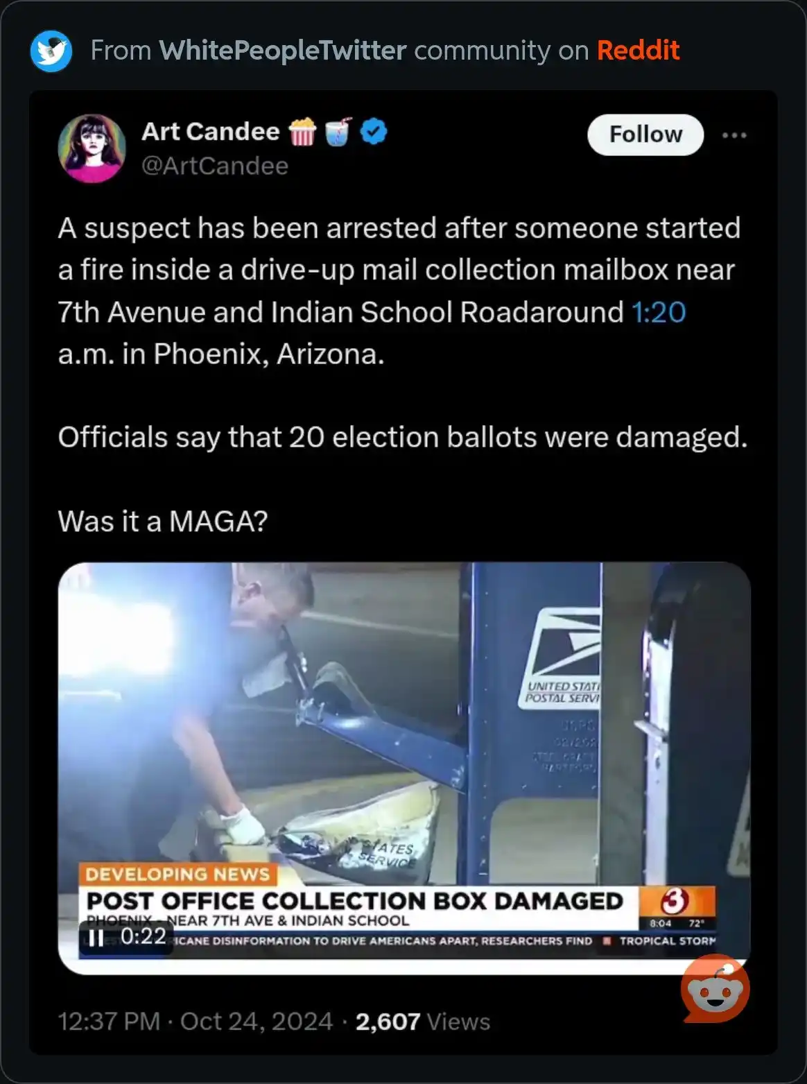 A screenshot of a Twitter post from user Art Candee shows a news clip of a damaged USPS mailbox with a caption asking if the…