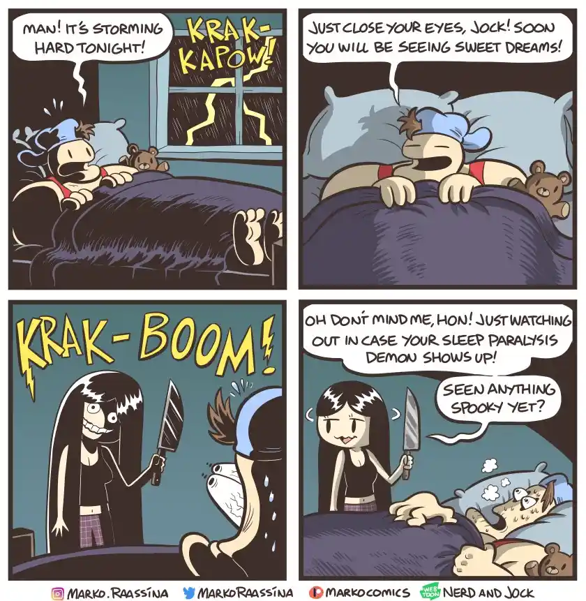 A four-panel comic strip shows a man in bed terrified by a storm, then comforted by a woman who calmly holds a knife while…