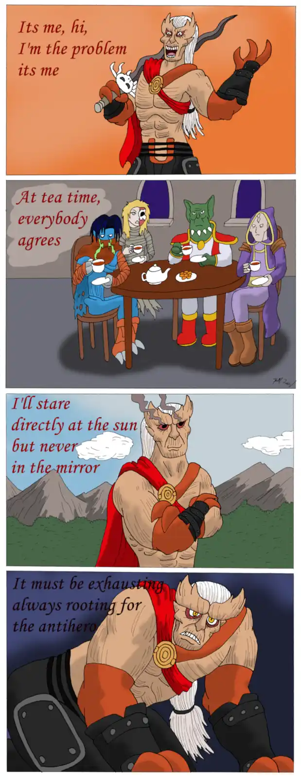 A four-panel comic strip featuring a muscular, horned, white-haired antihero character. In the first panel, he introduces…