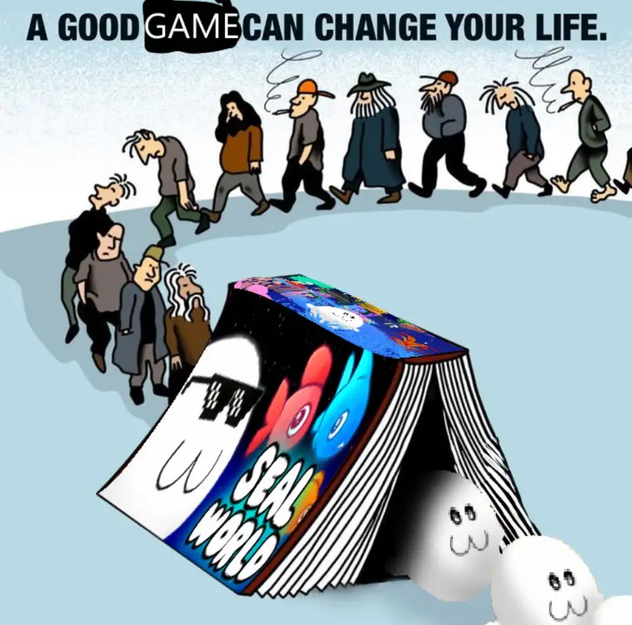 A cartoon depicts a large open book titled 'SEAL WORLD' with cartoon seals emerging from its pages, while a line of diverse…