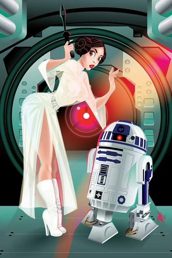 a stylized illustration of Princess Leia Organa in a white gown and high heels, holding a blaster while posing confidently…