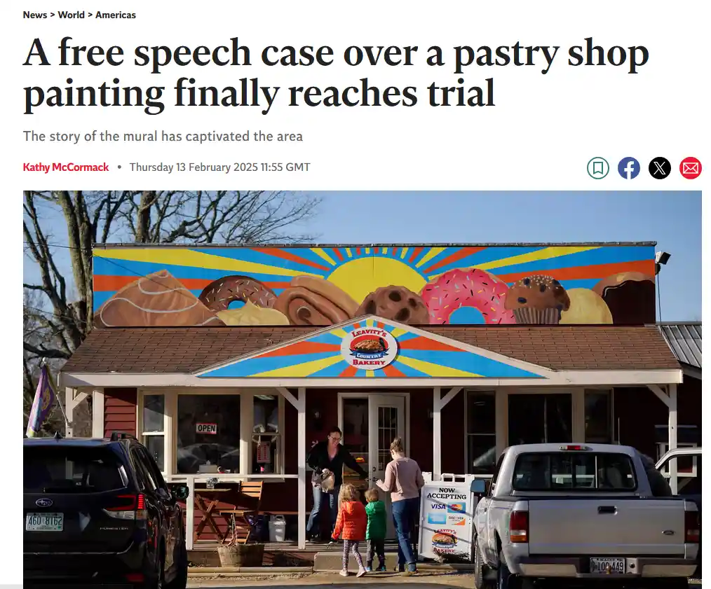 A news article screenshot shows a bakery named 'Leavitt's Country Bakery' with a colorful mural of various pastries painted…