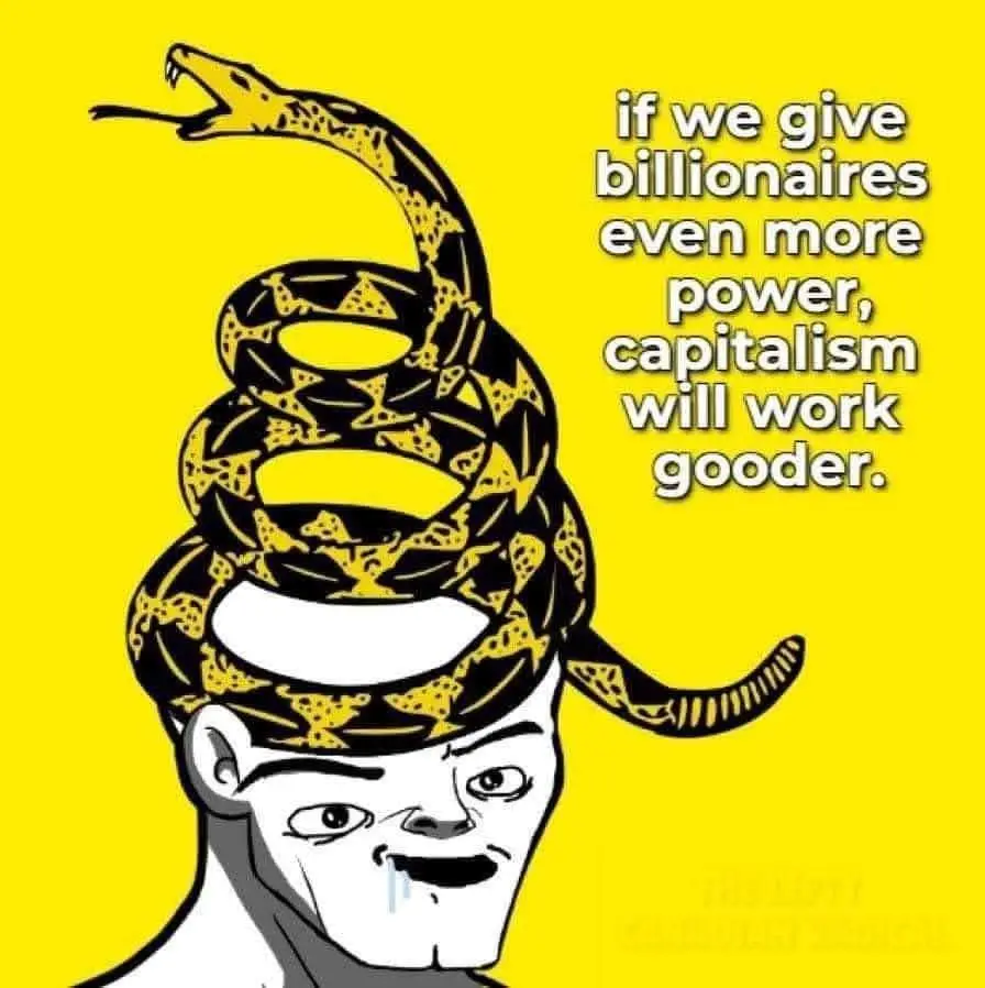 A cartoon man with a distressed expression has a large black and yellow snake coiled around his head, its mouth open and…