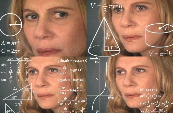 A woman with a weary, exasperated expression is shown in four panels, each overlaid with different mathematical formulas and…