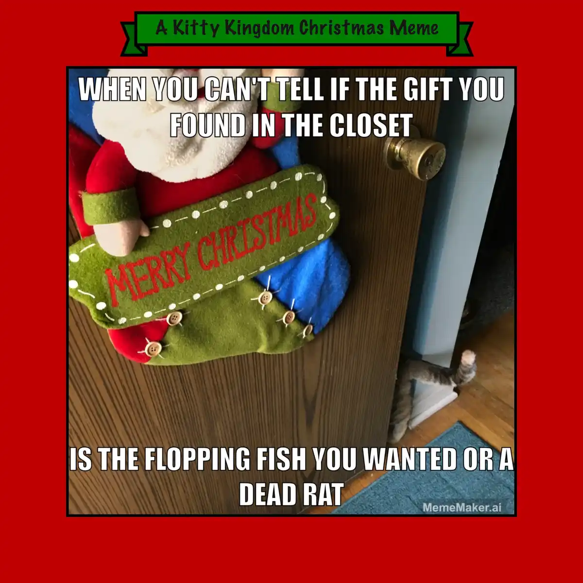A plush Santa Claus figure holding a green 'Merry Christmas' sign is mounted on a wooden closet door. A cat's tail is…