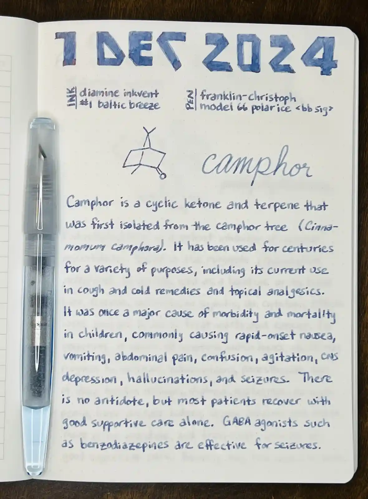 A handwritten page in a notebook dated '1 DEC 2024' details the chemical compound camphor, including its structure…
