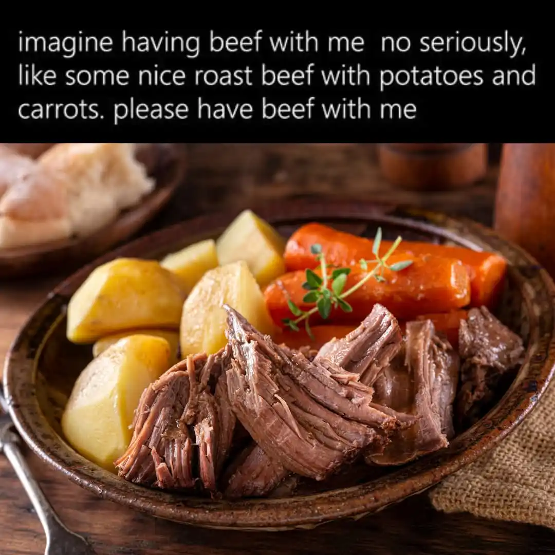 A close-up photo of a rustic ceramic bowl filled with shredded roast beef, boiled potatoes, and carrots, garnished with…