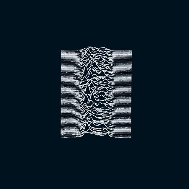The image displays the iconic album cover art for 'Unknown Pleasures' by Joy Division, featuring white wavy lines against a…