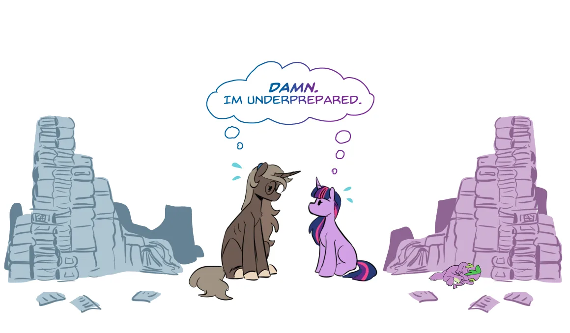 Two cartoon ponies sit facing each other in a desert-like setting with stacks of books forming rock formations on either…