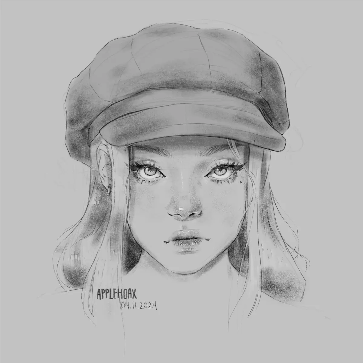 A grayscale pencil sketch of a young woman with long hair wearing a flat cap, looking directly at the viewer. The image has…